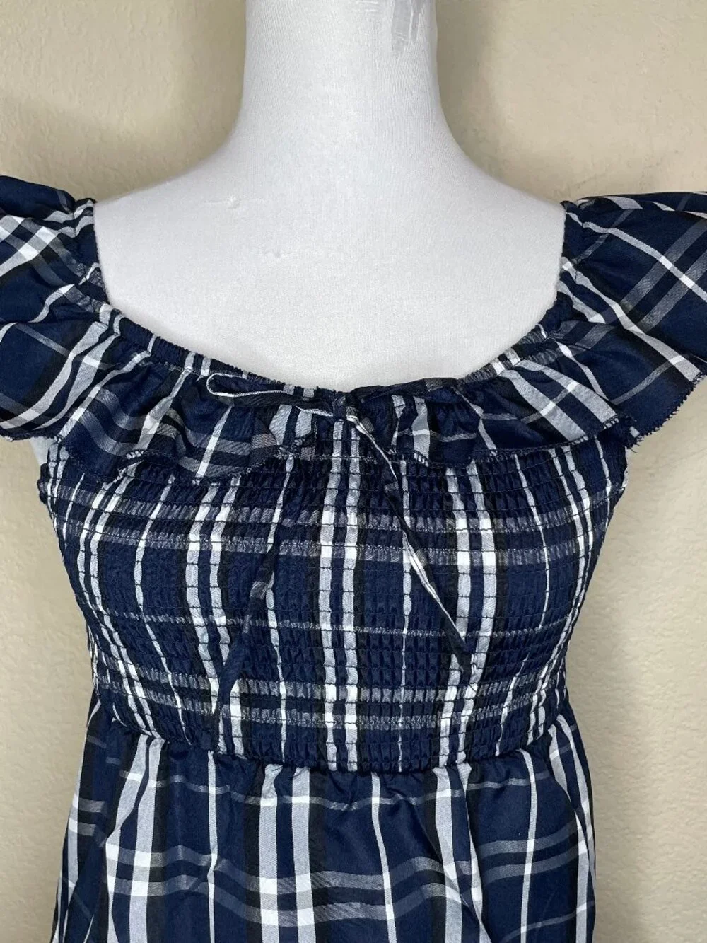 BCX Girl Plaid Taffeta Maxi Dress Navy Blue Smocked Tiered Grunge Goth Size 14